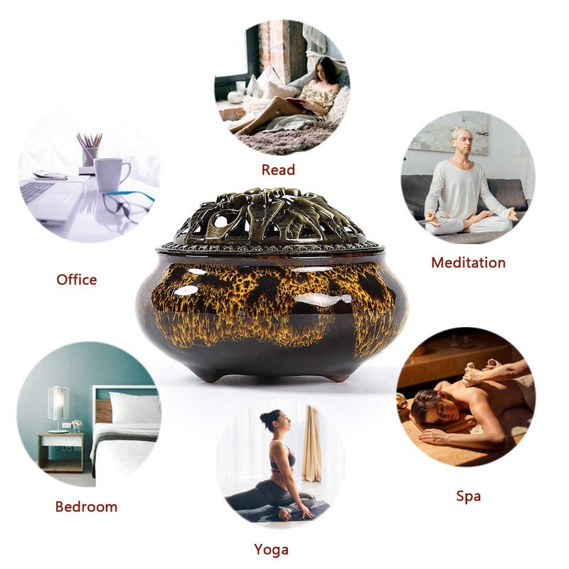 LamDawn Incense Burner with Calabash Incense Stick Holder - Porcelain Charcoal Censer for Use with Resin Granular Powder Cone or Coil Incense (Fambe Yellow) - Image 4